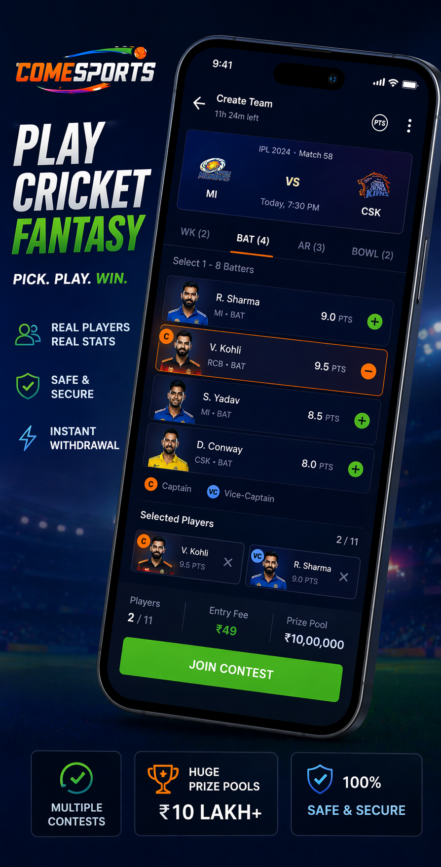Come Club 11 cricket fantasy visual